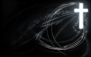 Glowing Christian Cross with Swirling Light Trails and Sparkling Particles on a Dark Background HD wallpaper