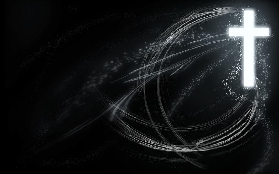 Glowing Christian Cross with Swirling Light Trails and Sparkling Particles on a Dark Background HD wallpaper