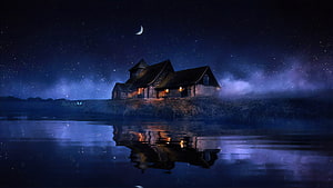 Cozy Cottage By The Lake Under A Starry Night Sky With Crescent Moon HD wallpaper
