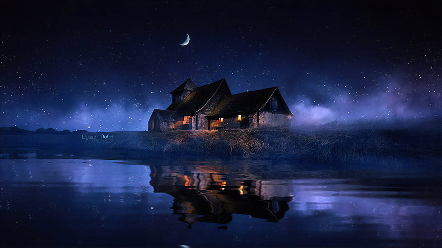 Cozy Cottage By The Lake Under A Starry Night Sky With Crescent Moon HD wallpaper