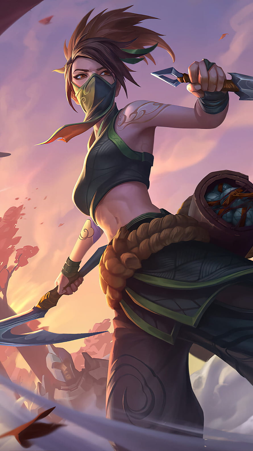 Akali from League of Legends in dynamic combat pose with dual blades and shuriken HD phone wallpaper