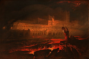 John Martin's Pandemonium: A Dramatic Romantic Painting of a Fiery Fortress and Guardian Figure HD wallpaper