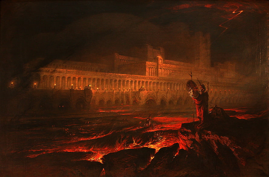 John Martin's Pandemonium: A Dramatic Romantic Painting of a Fiery Fortress and Guardian Figure HD wallpaper