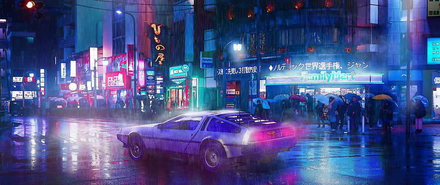 Cyberpunk Night City Street Scene with Classic Sports Car in Rain HD wallpaper