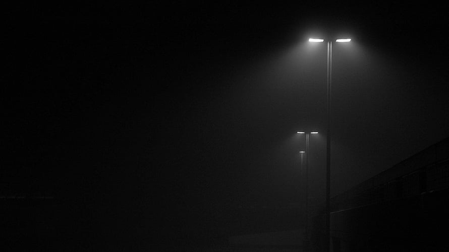 Atmospheric Black And White Street Lamps In Thick Fog HD wallpaper