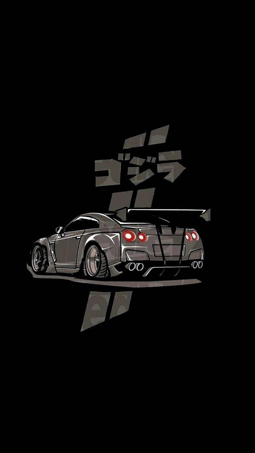 Nissan GT-R JDM Illustration in Monochrome Style with Japanese Typography on Black Background HD phone wallpaper