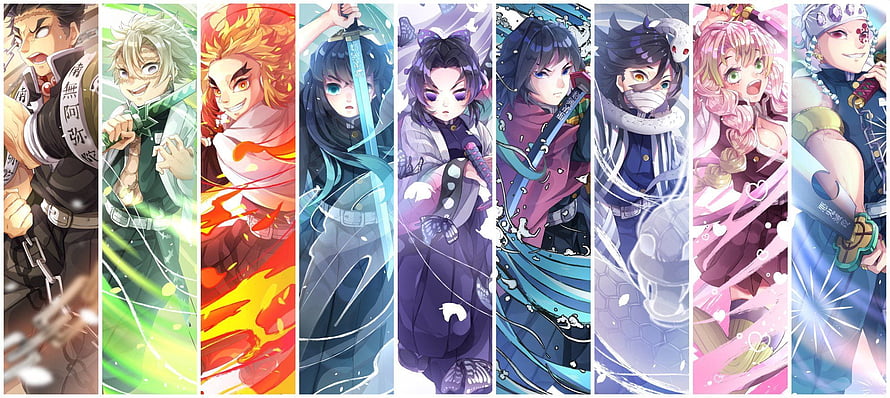 Demon Slayer Hashira Group Art Featuring Giyu, Kyojuro, Sanemi, Shinobu, Mitsuri, Tengen, Obanai, and Gyomei HD wallpaper