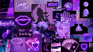 Purple Neon Aesthetic Collage with Glowing Signs, Silhouettes, and Cosmic Elements HD wallpaper