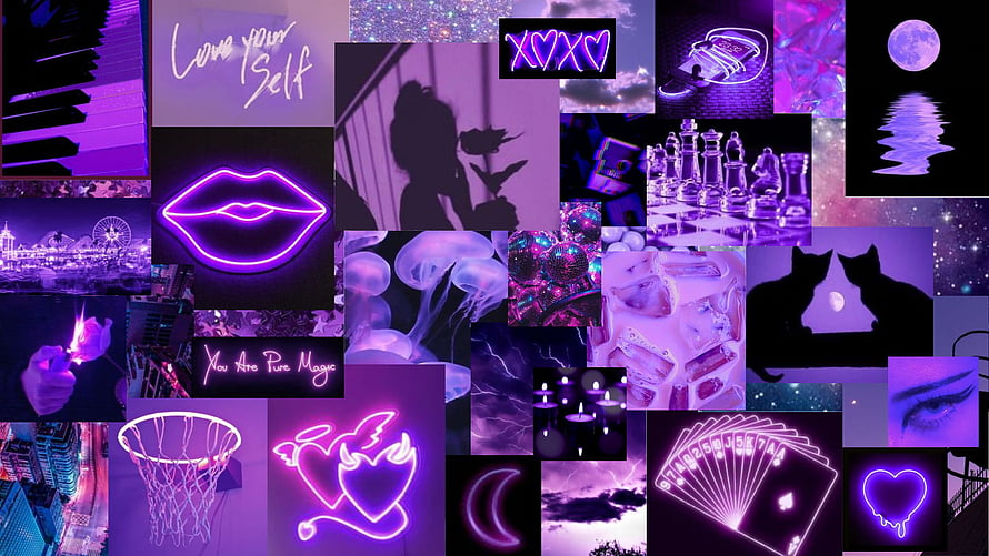 Purple Neon Aesthetic Collage with Glowing Signs, Silhouettes, and Cosmic Elements HD wallpaper
