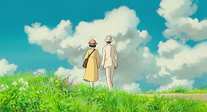 The Wind Rises Anime Couple Walking Through a Vibrant Green Meadow Under a Bright Blue Sky HD wallpaper