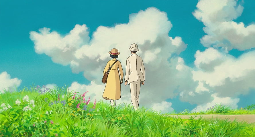 The Wind Rises Anime Couple Walking Through a Vibrant Green Meadow Under a Bright Blue Sky HD wallpaper