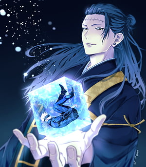Suguru Geto Holding Frozen Cube with Satoru Gojo Inside in Jujutsu Kaisen Anime Illustration HD phone wallpaper