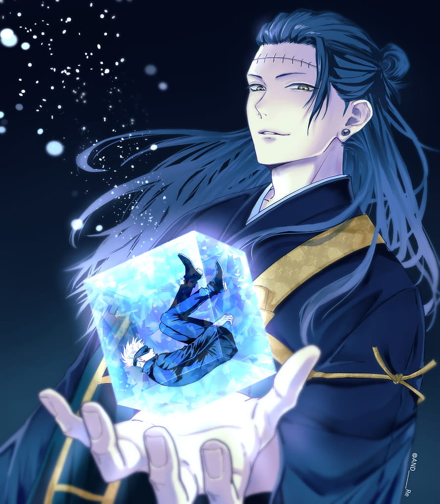 Suguru Geto Holding Frozen Cube with Satoru Gojo Inside in Jujutsu Kaisen Anime Illustration HD phone wallpaper