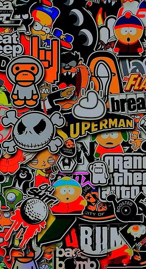 Vibrant Sticker Bomb Collage Featuring South Park, South Park, and Pop Culture Icons HD phone wallpaper