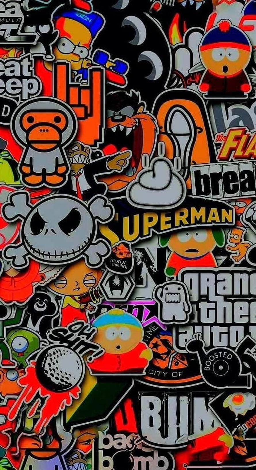Vibrant Sticker Bomb Collage Featuring South Park, South Park, and Pop Culture Icons HD phone wallpaper