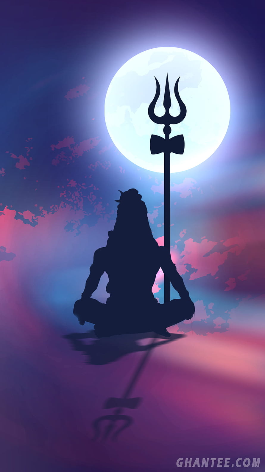 Silhouette of Lord Shiva Meditating with Trishul Against a Glowing Full Moon HD phone wallpaper