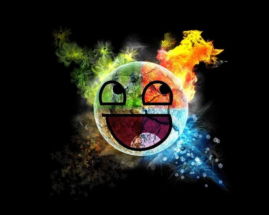 Colorful Earth Globe with Smiley Face and Elemental Effects on Black Background HD wallpaper
