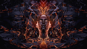 Futuristic Cybernetic Android Head With Glowing Orange Neural Circuits And Geometric Shards HD wallpaper