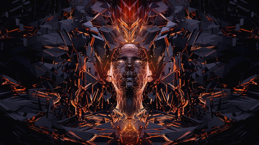 Futuristic Cybernetic Android Head With Glowing Orange Neural Circuits And Geometric Shards HD wallpaper