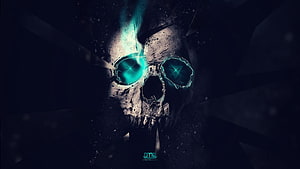 Glowing Neon Skull with Cyan Eyes in Dark Shattered Environment HD wallpaper
