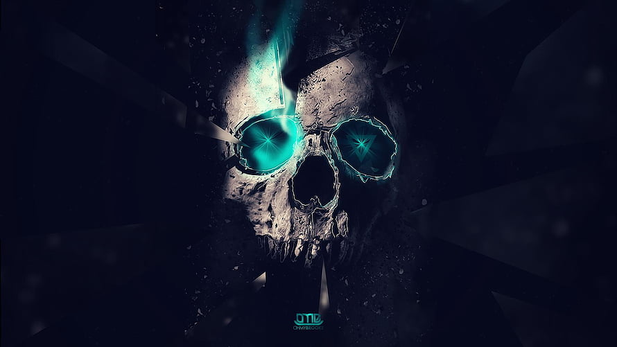 Glowing Neon Skull with Cyan Eyes in Dark Shattered Environment HD wallpaper