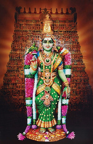 Goddess Parvati in Green Saree with Temple Gopuram Background HD phone wallpaper