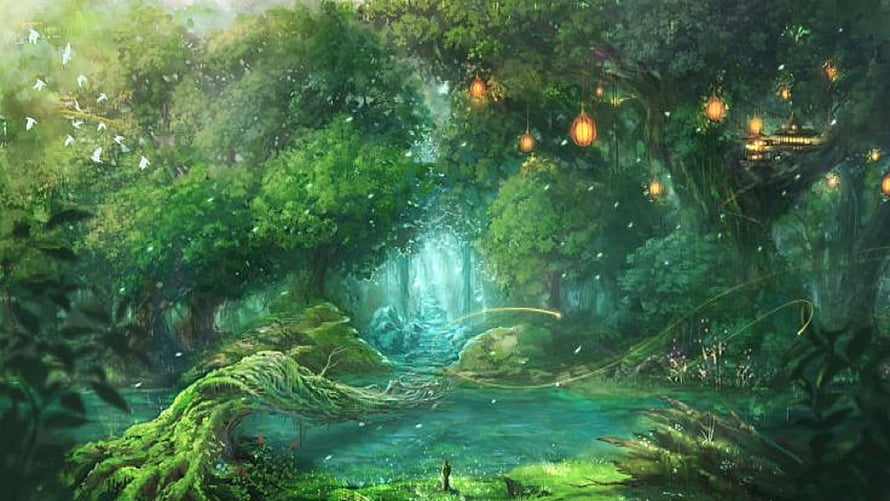 Enchanted Fantasy Forest with Glowing Lanterns and Mossy Roots HD wallpaper