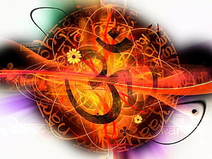 Vibrant Om Symbol Digital Art with Swirling Light Trails and Floral Accents HD wallpaper