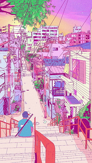 Anime Style Japanese Alleyway With Samurai Figure And Vibrant Sunset Sky HD phone wallpaper