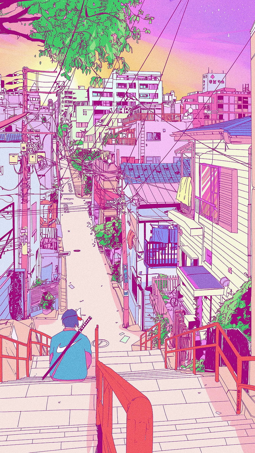 Anime Style Japanese Alleyway With Samurai Figure And Vibrant Sunset Sky HD phone wallpaper