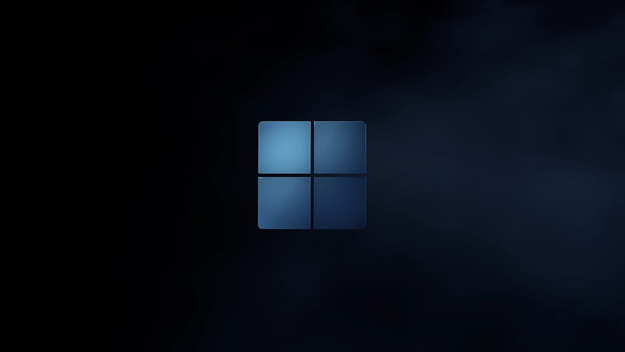 Windows 11 dark mode logo centered on a deep black background with subtle blue gradient lighting HD wallpaper