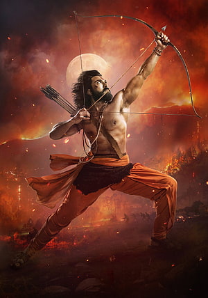 Arjuna aiming bow and arrow in fiery battlefield from Mahabharata HD phone wallpaper