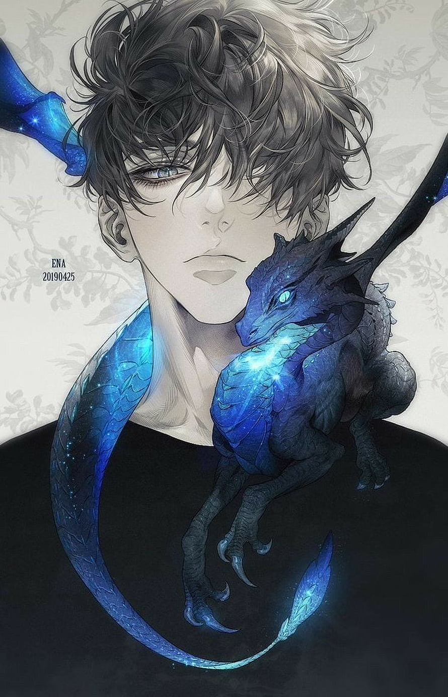 Dark-haired anime boy with a glowing blue dragon companion in a fantasy illustration HD phone wallpaper