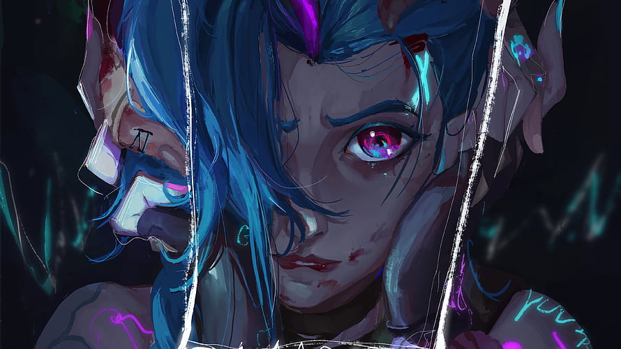 Jinx from League of Legends with blue hair and glowing pink eyes in a dark anime style HD wallpaper
