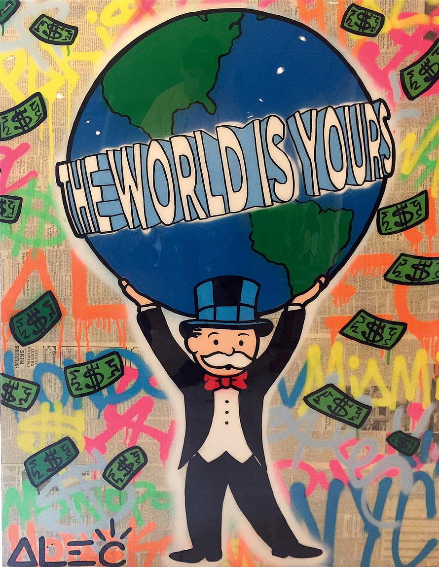 Alec Monopoly Street Art: Man in Top Hat Holding Globe with Money and Graffiti, Jumping by Alec Monopoly, #alec monopoly HD phone wallpaper