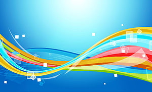Vibrant Abstract Wavy Ribbons on Blue Gradient Background with Geometric Shapes HD wallpaper