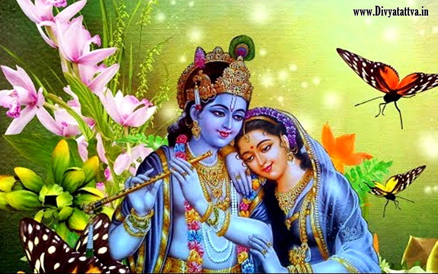 Radha Krishna Embracing in a Garden of Orchids and Butterflies HD wallpaper