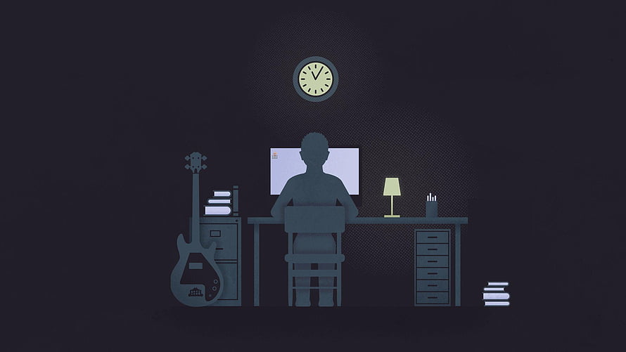 Silhouette of a person working late at a desk with a computer, guitar, and lamp in a dark room HD wallpaper