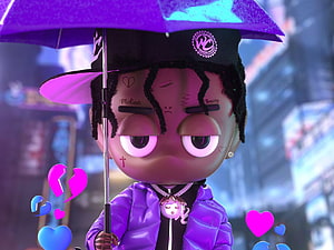Sleepy Hallow 3D Character Art with Purple Umbrella and Heart Emojis HD wallpaper