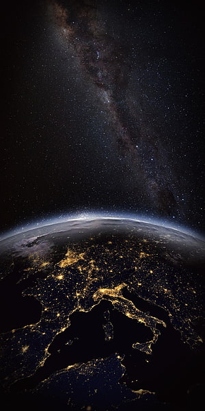 Earth at Night with City Lights and Milky Way Galaxy from Space HD phone wallpaper
