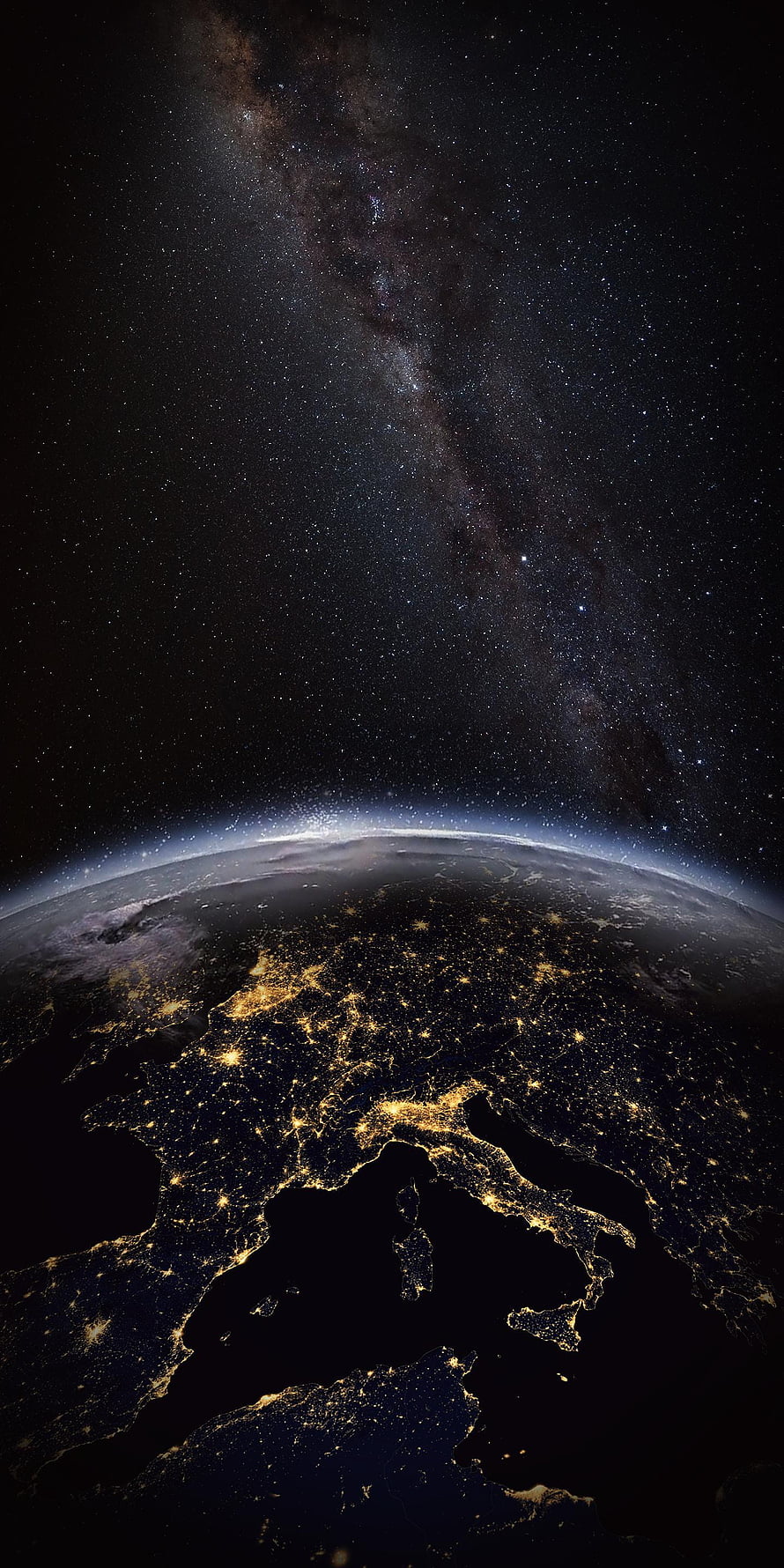 Earth at Night with City Lights and Milky Way Galaxy from Space HD phone wallpaper