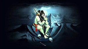 Lord Shiva Meditating on a Mountain Peak with Skulls and Trishul HD wallpaper