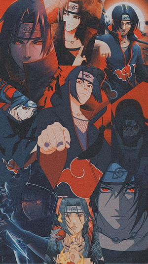 Itachi Uchiha Character Collage in Akatsuki Cloak with Sharingan Eyes HD phone wallpaper