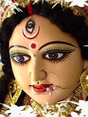 Close-up Portrait of Goddess Durga Idol with Third Eye and Gold Jewelry HD phone wallpaper