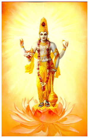 Lord Vishnu Standing on Lotus with Radiant Golden Aura and Traditional Indian Deity Art HD phone wallpaper