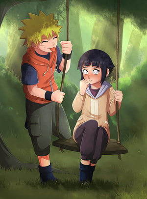 Naruto Uzumaki Pushing Hinata Hyuga on a Swing in a Forest HD phone wallpaper