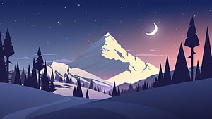 Stylized Winter Night Landscape With Snowy Peaks, Pine Forest, and Crescent Moon HD wallpaper