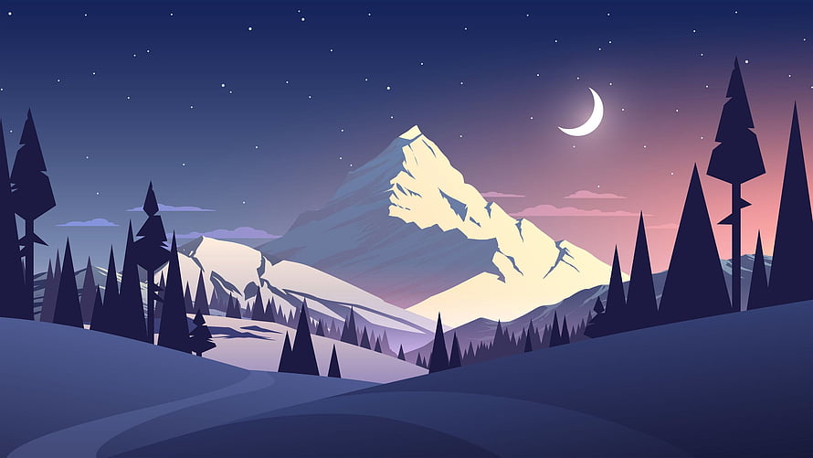 Stylized Winter Night Landscape With Snowy Peaks, Pine Forest, and Crescent Moon HD wallpaper