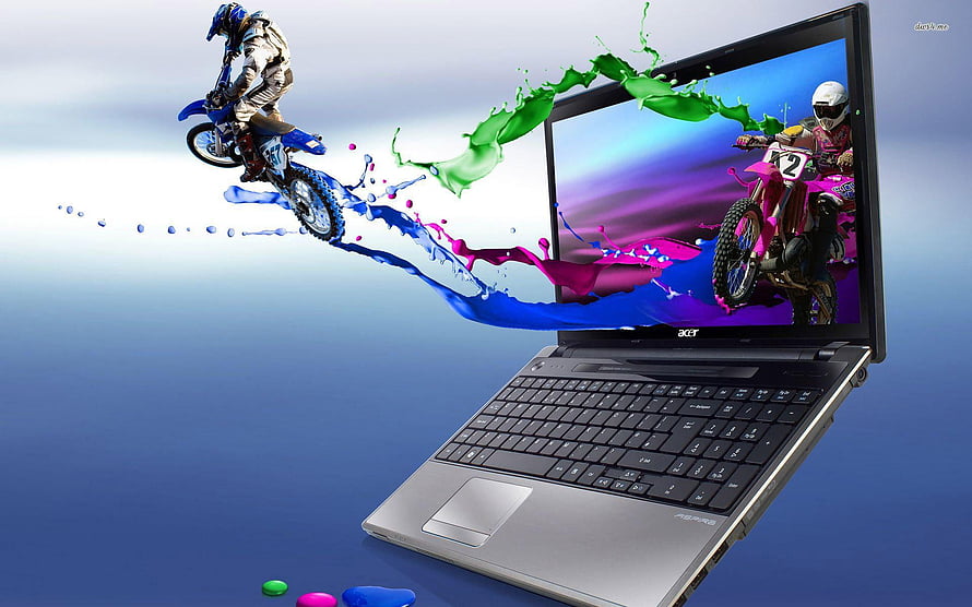 Acer Aspire Laptop with Dirt Bike Riders Emerging from Screen in Colorful Liquid Splash HD wallpaper