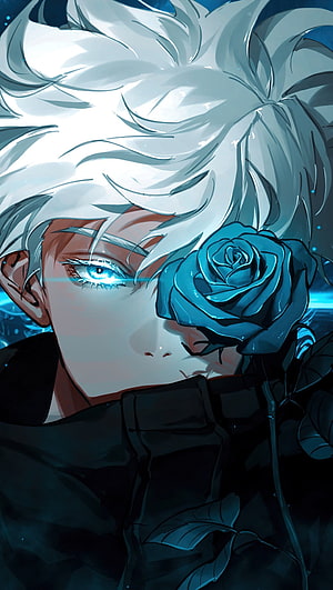 Satoru Gojo from Jujutsu Kaisen Holding a Blue Rose in Dark Anime Art HD phone wallpaper